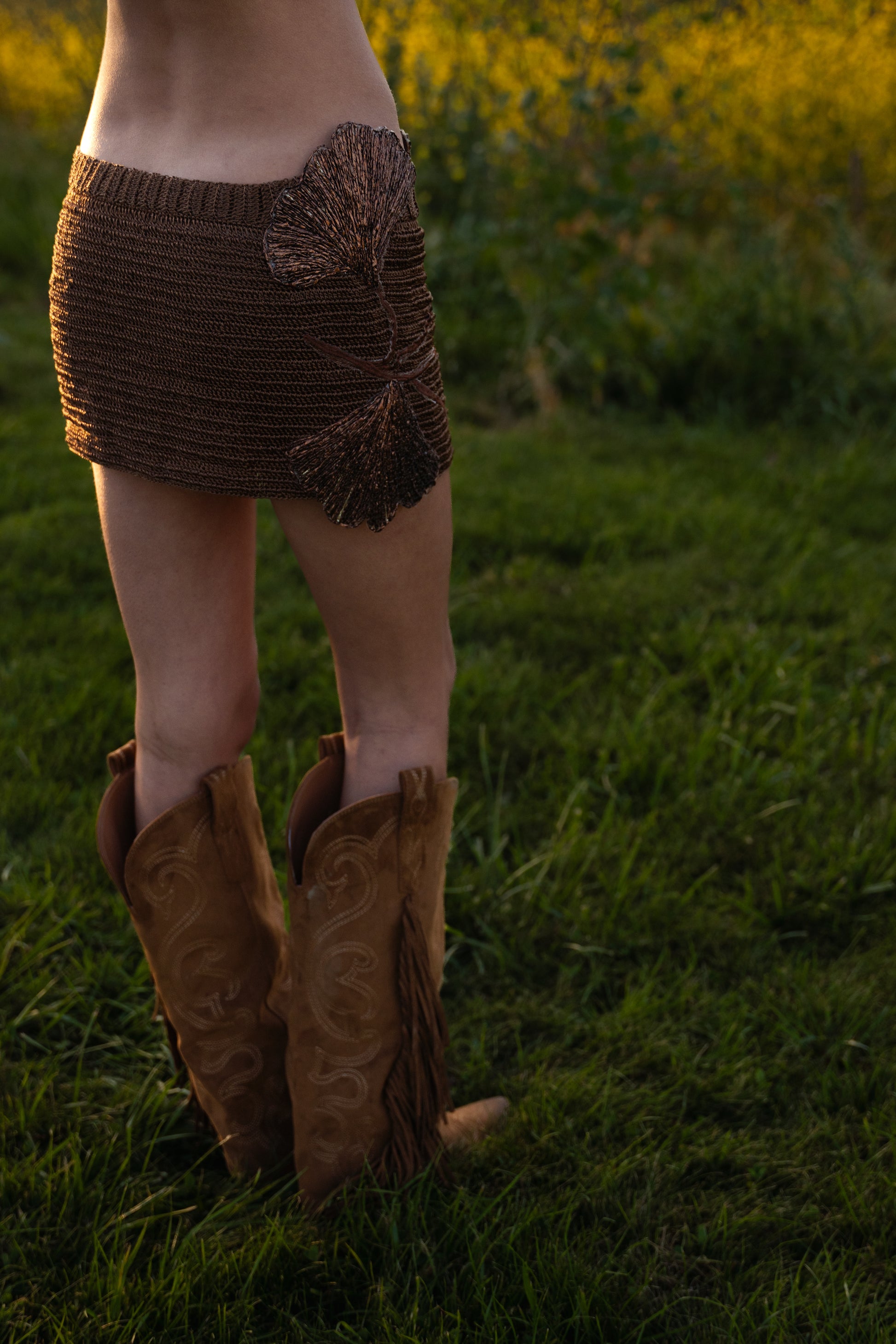 Agate hand-crocheted deep ochre two-piece set with organic patterns and hand-embroidered patches
